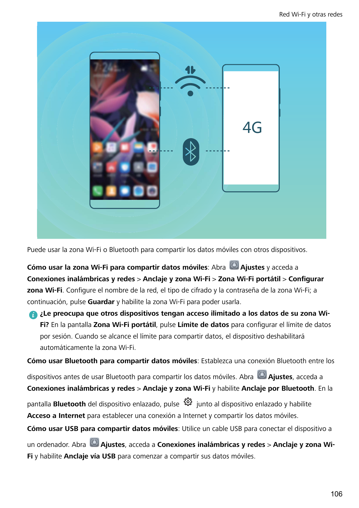 Red Wi-Fi y otras redes-Puede usar la zona Wi-Fi o Bluetooth para compartir los datos móviles con otros dispositivos.Cómo usar l
