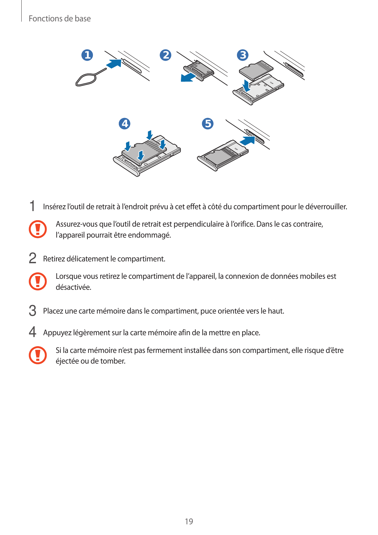 Fonctions de base123451 Insérez l’outil de retrait à l’endroit prévu à cet effet à côté du compartiment pour le déverrouiller.As