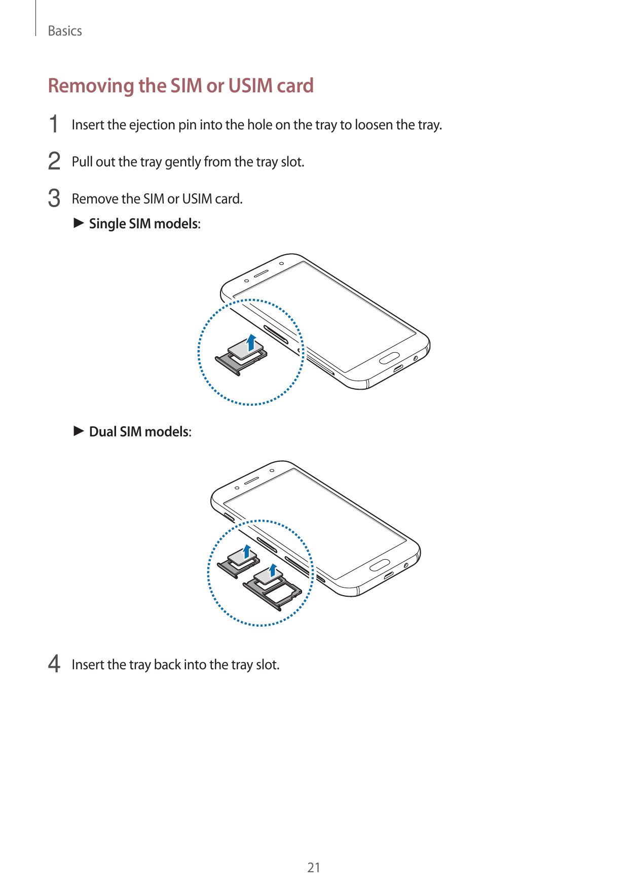BasicsRemoving the SIM or USIM card1 Insert the ejection pin into the hole on the tray to loosen the tray.2 Pull out the tray ge