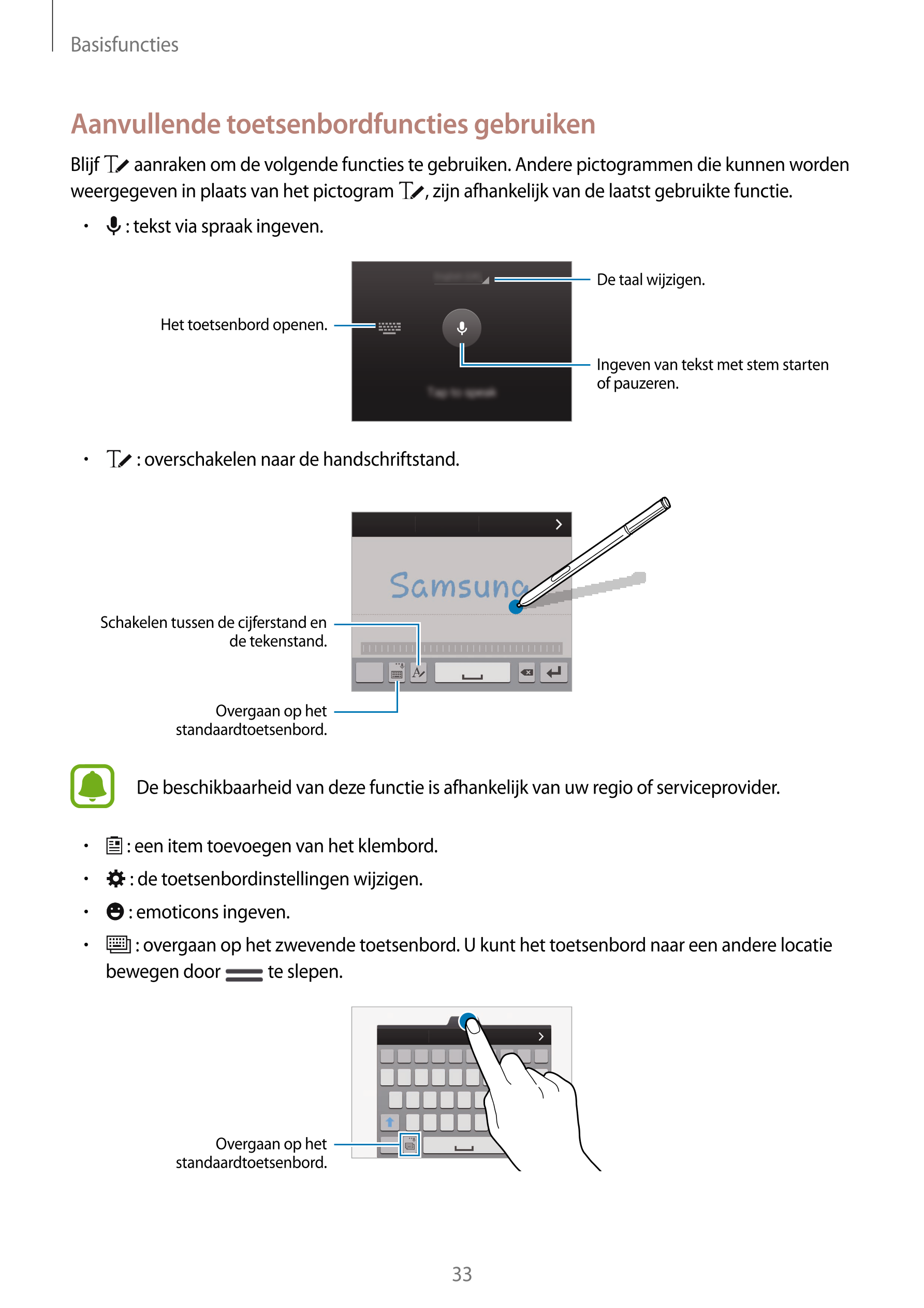 Basisfuncties
Aanvullende toetsenbordfuncties gebruiken
Blijf   aanraken om de volgende functies te gebruiken. Andere pictogramm