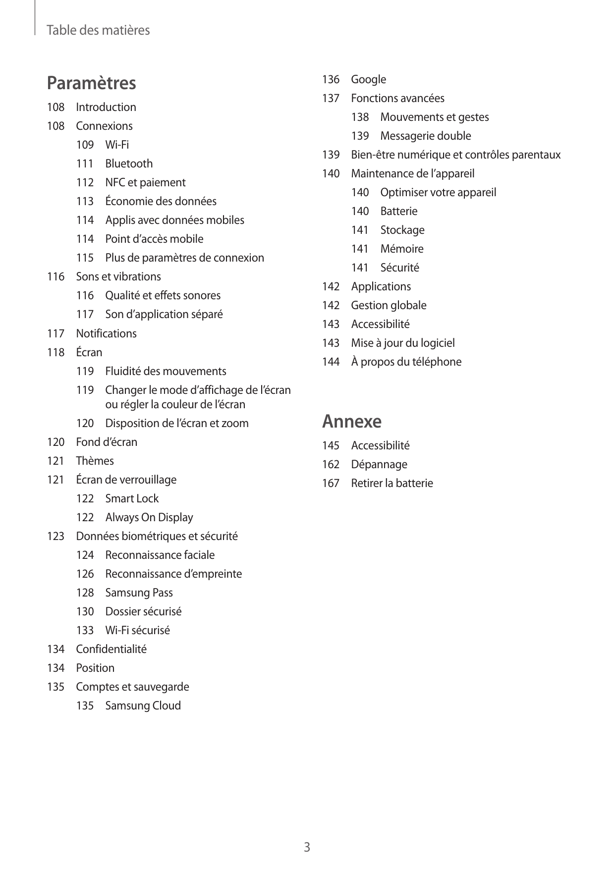 Table des matièresParamètres136Google137 Fonctions avancées108Introduction138 Mouvements et gestes108Connexions139 Messagerie do