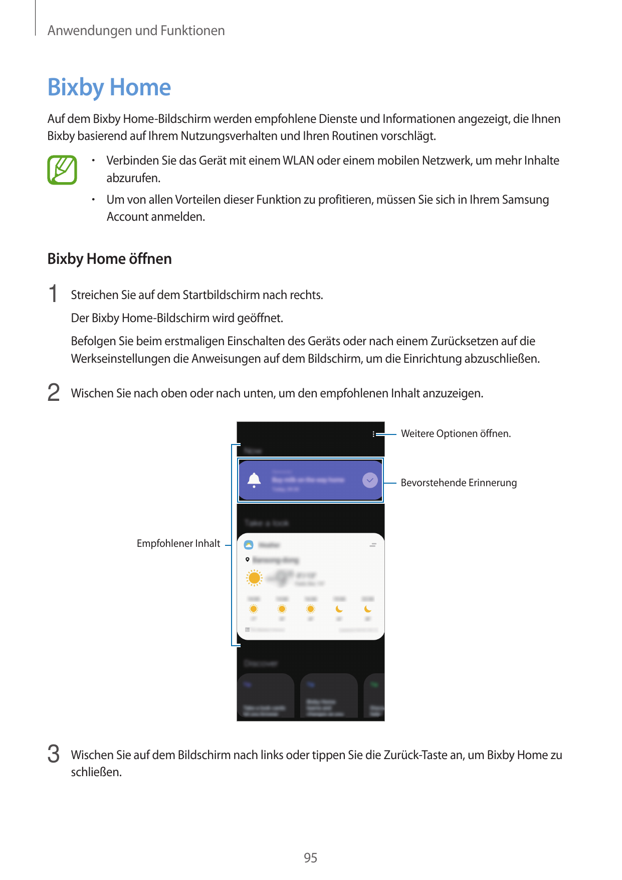 Anwendungen und FunktionenBixby HomeAuf dem Bixby Home-Bildschirm werden empfohlene Dienste und Informationen angezeigt, die Ihn
