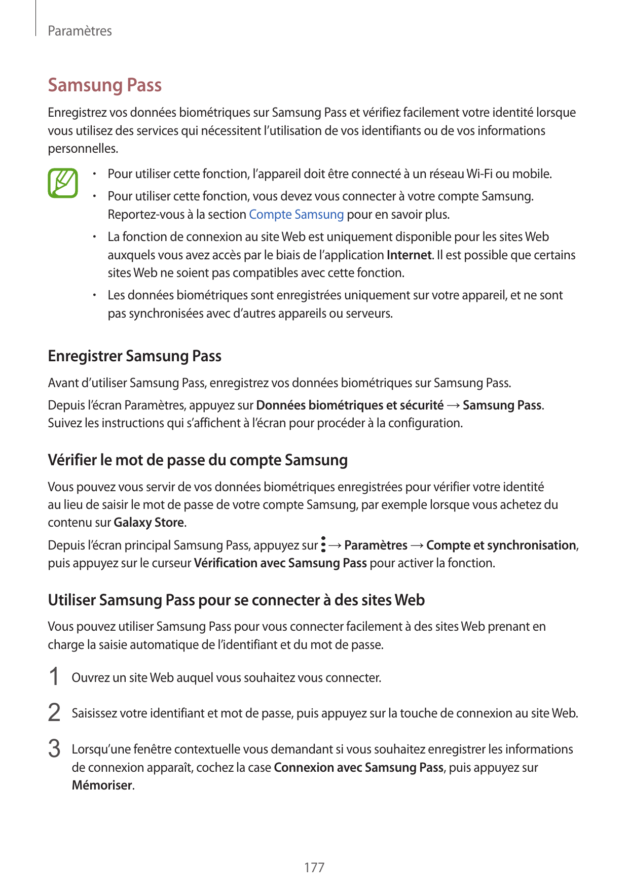 ParamètresSamsung PassEnregistrez vos données biométriques sur Samsung Pass et vérifiez facilement votre identité lorsquevous ut