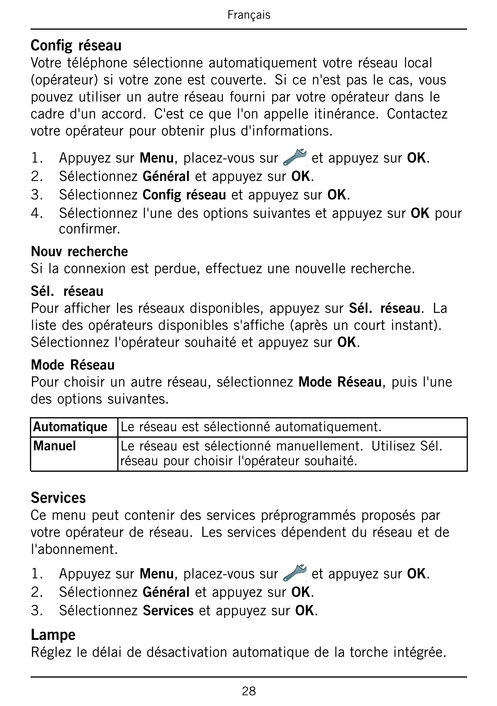 Français
Config réseau
Votre téléphone sélectionne automatiquement votre réseau local
(opérateur) si votre zone est couverte.  S