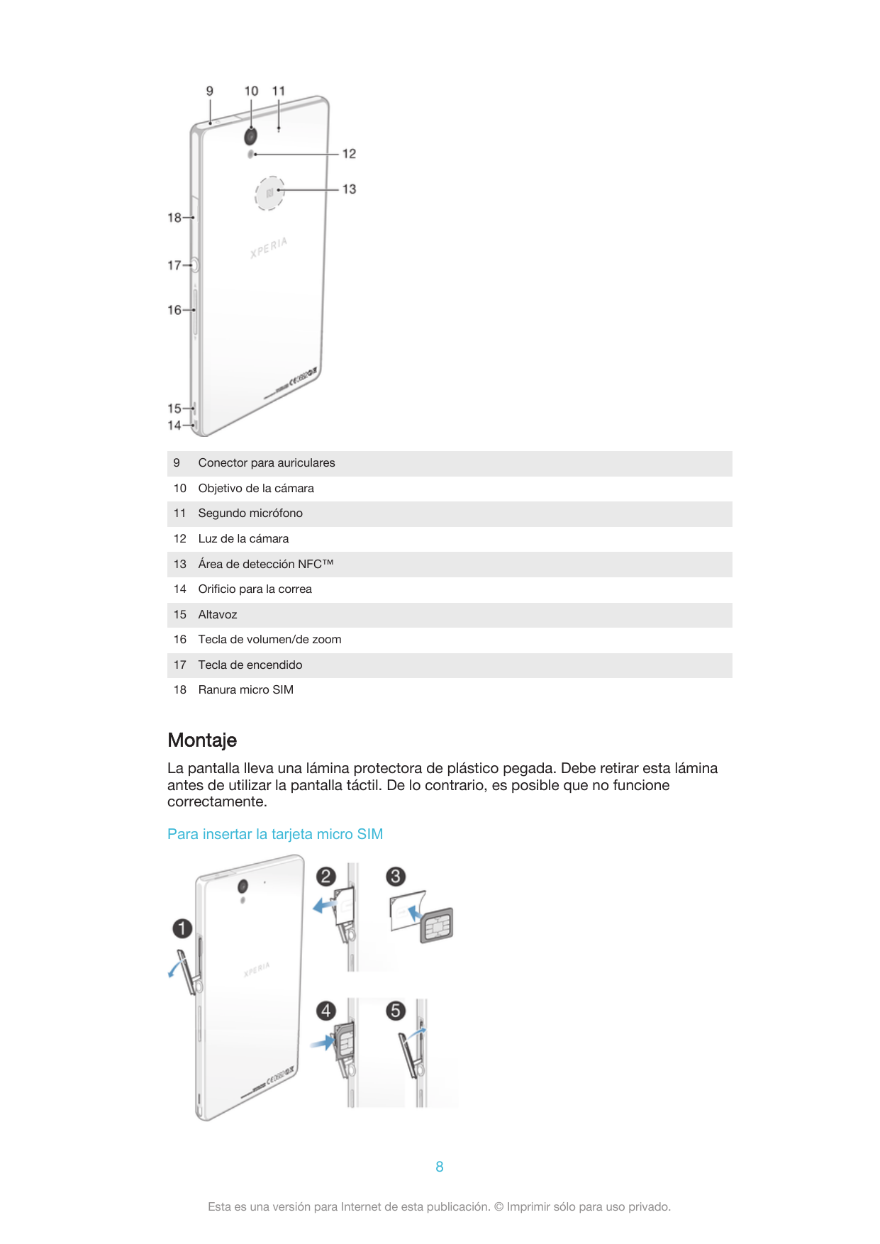 9Conector para auriculares10Objetivo de la cámara11Segundo micrófono12Luz de la cámara13Área de detección NFC™14Orificio para la