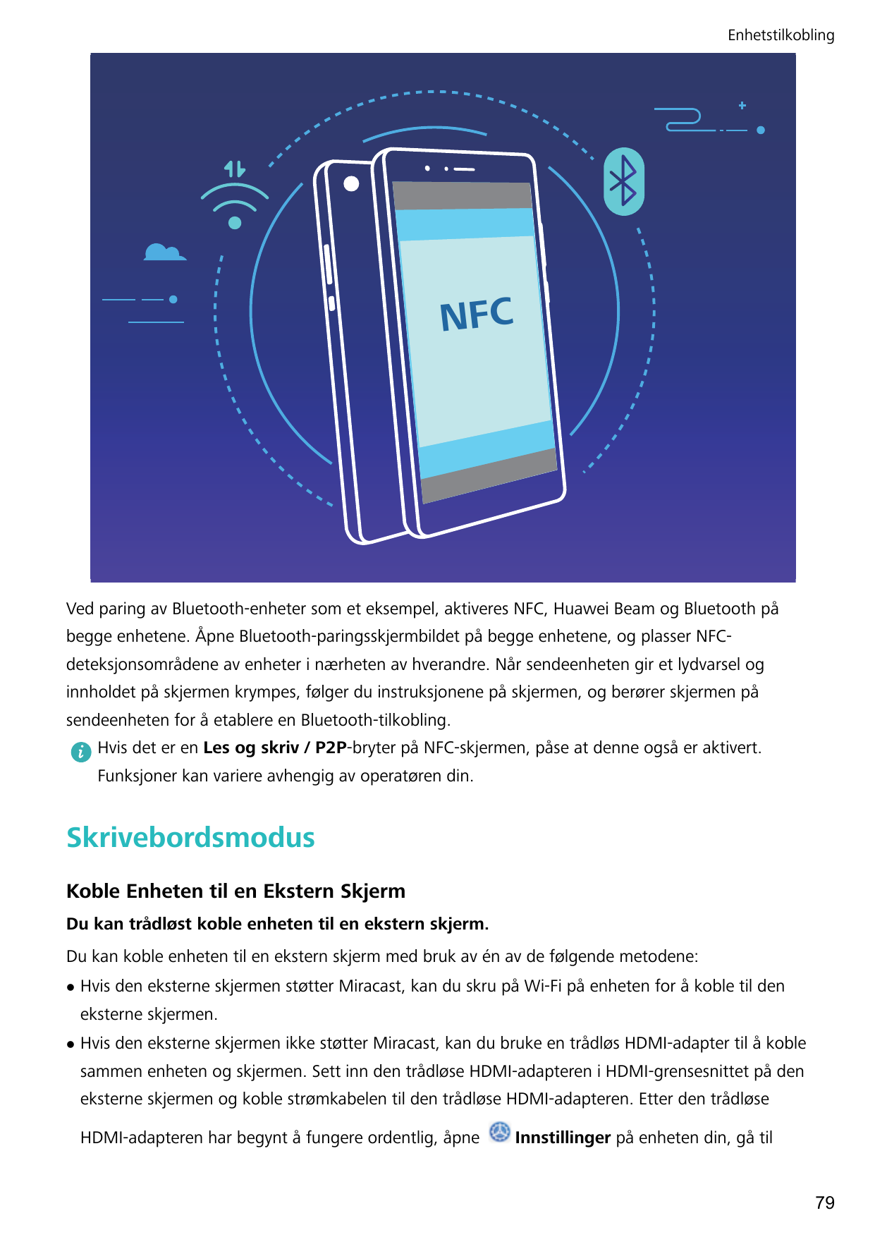 EnhetstilkoblingNFCVed paring av Bluetooth-enheter som et eksempel, aktiveres NFC, Huawei Beam og Bluetooth påbegge enhetene. Åp