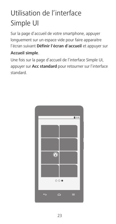 Utilisation de l’interface Simple UISur la page d’accueil de votre smartphone, appuyerlonguement sur un espace vide pour faire 