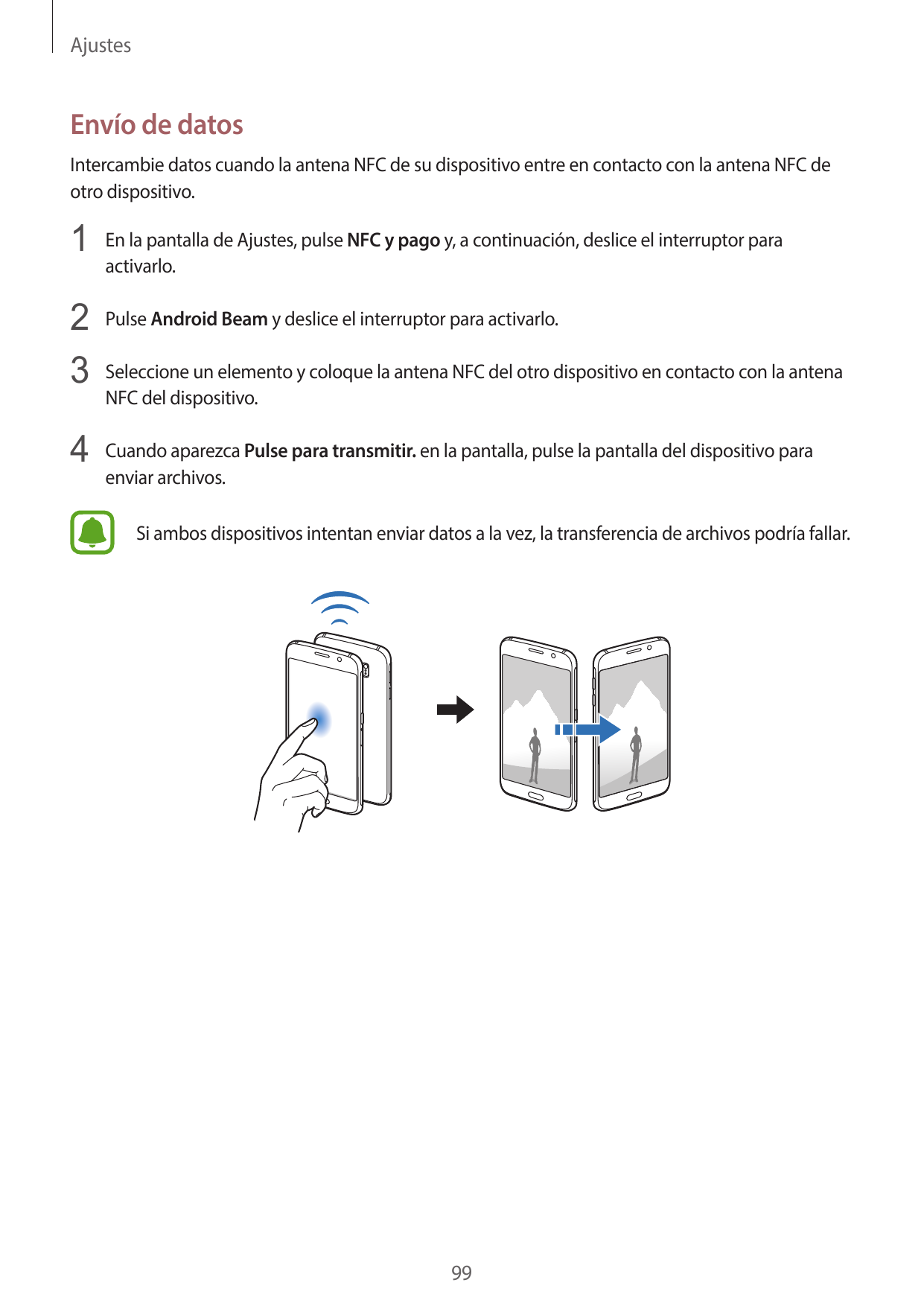 AjustesEnvío de datosIntercambie datos cuando la antena NFC de su dispositivo entre en contacto con la antena NFC deotro disposi