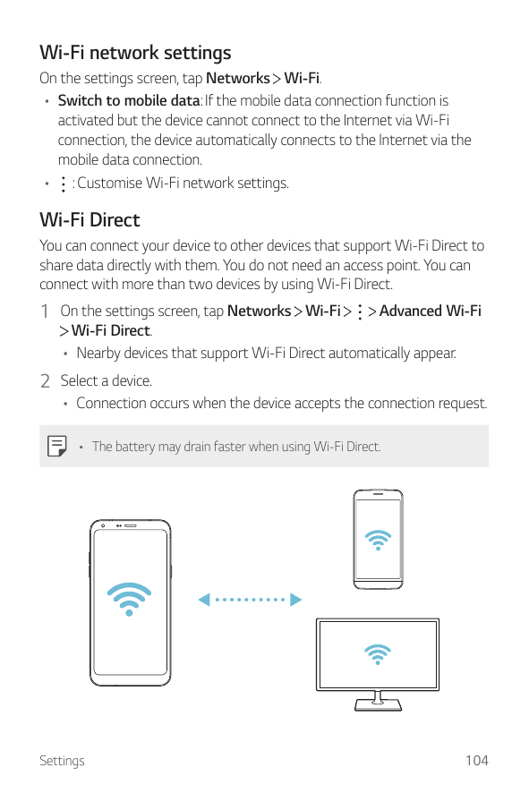 Wi-Fi network settingsOn the settings screen, tap Networks Wi-Fi.• Switch to mobile data: If the mobile data connection function