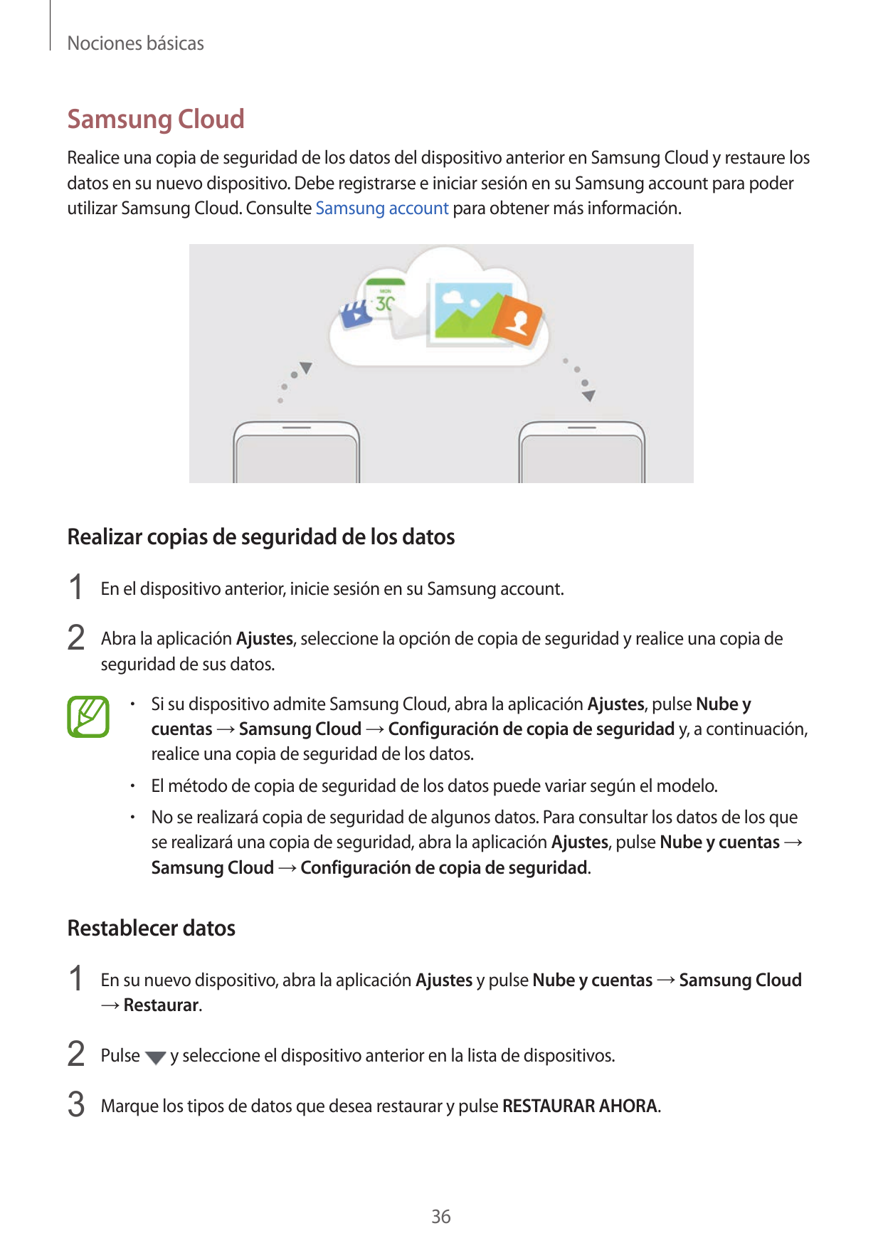 Nociones básicasSamsung CloudRealice una copia de seguridad de los datos del dispositivo anterior en Samsung Cloud y restaure lo