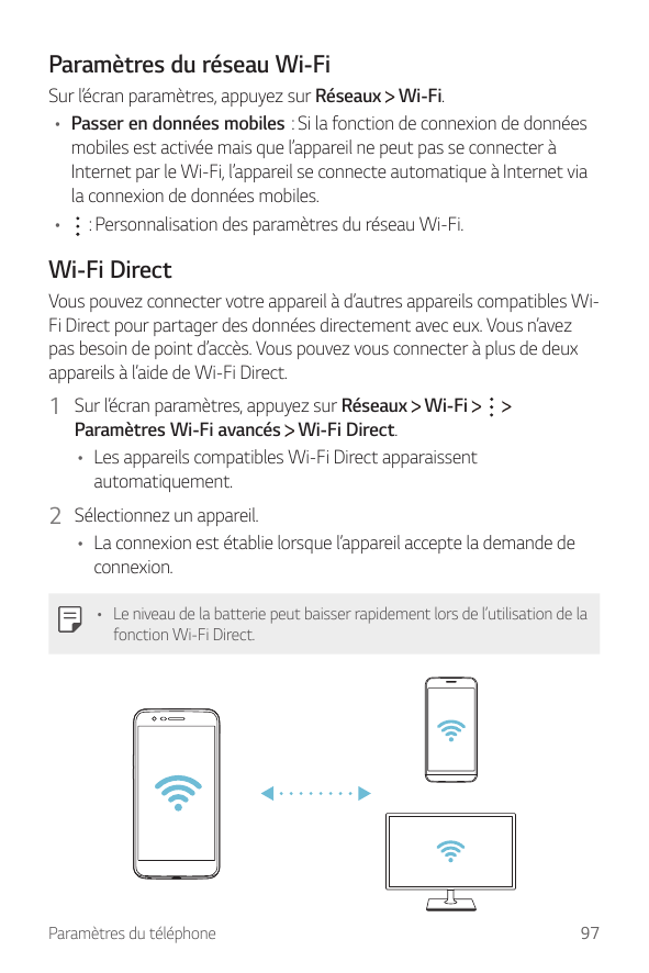 Paramètres du réseau Wi-FiSur l’écran paramètres, appuyez sur Réseaux Wi-Fi.• Passer en données mobiles : Si la fonction de conn