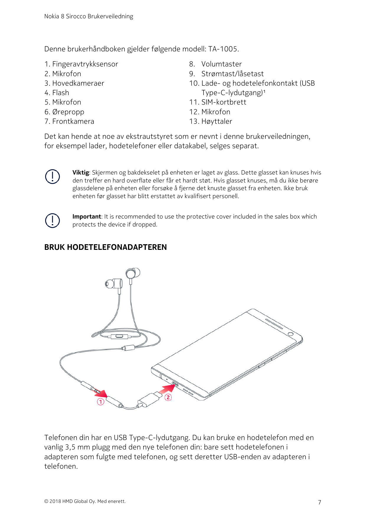 Nokia 8 Sirocco BrukerveiledningDenne brukerhåndboken gjelder følgende modell: TA-1005.1. Fingeravtrykksensor2. Mikrofon3. Hoved