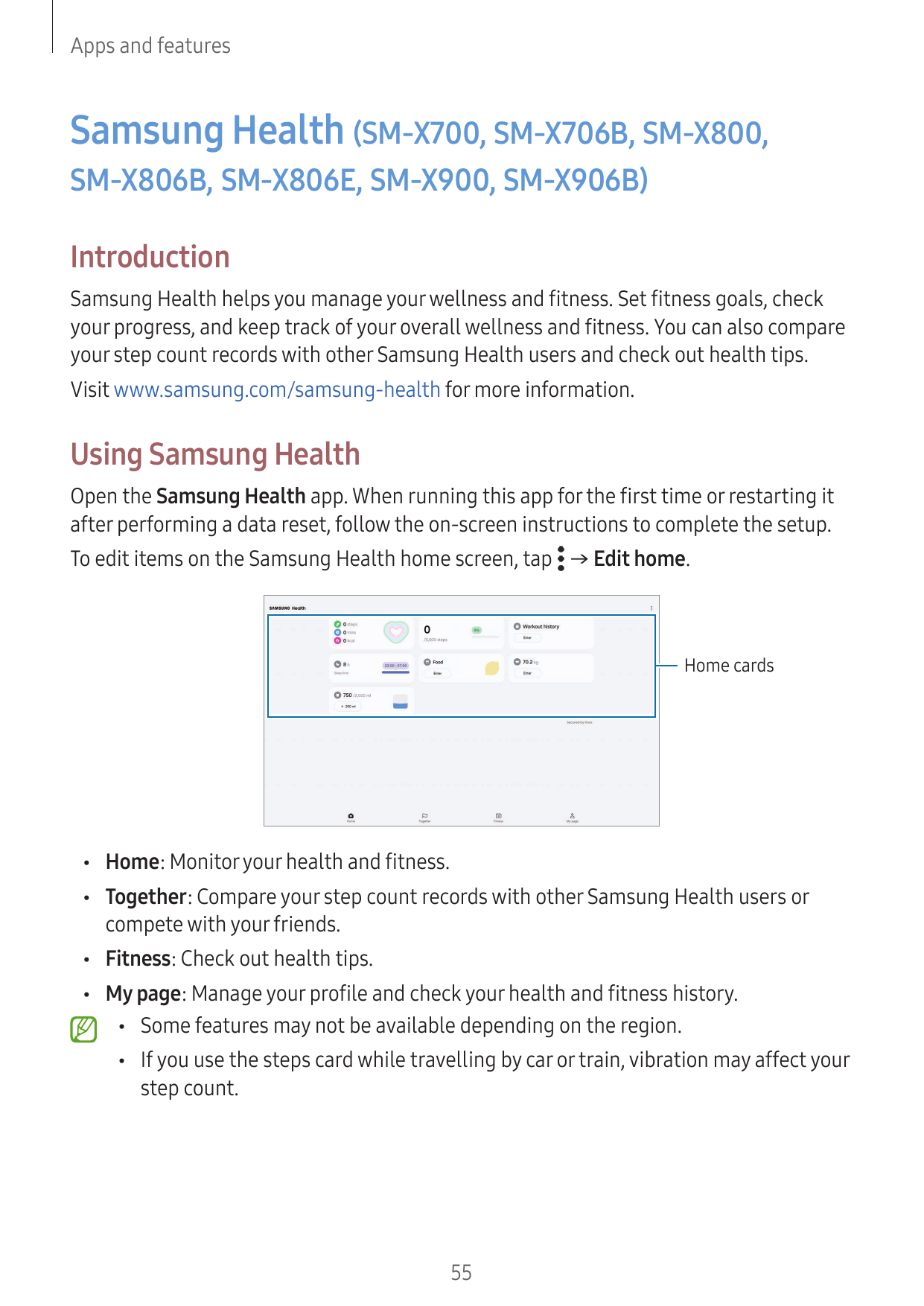 Apps and featuresSamsung Health (SM-X700, SM-X706B, SM-X800,SM-X806B, SM-X806E, SM-X900, SM-X906B)IntroductionSamsung Health hel