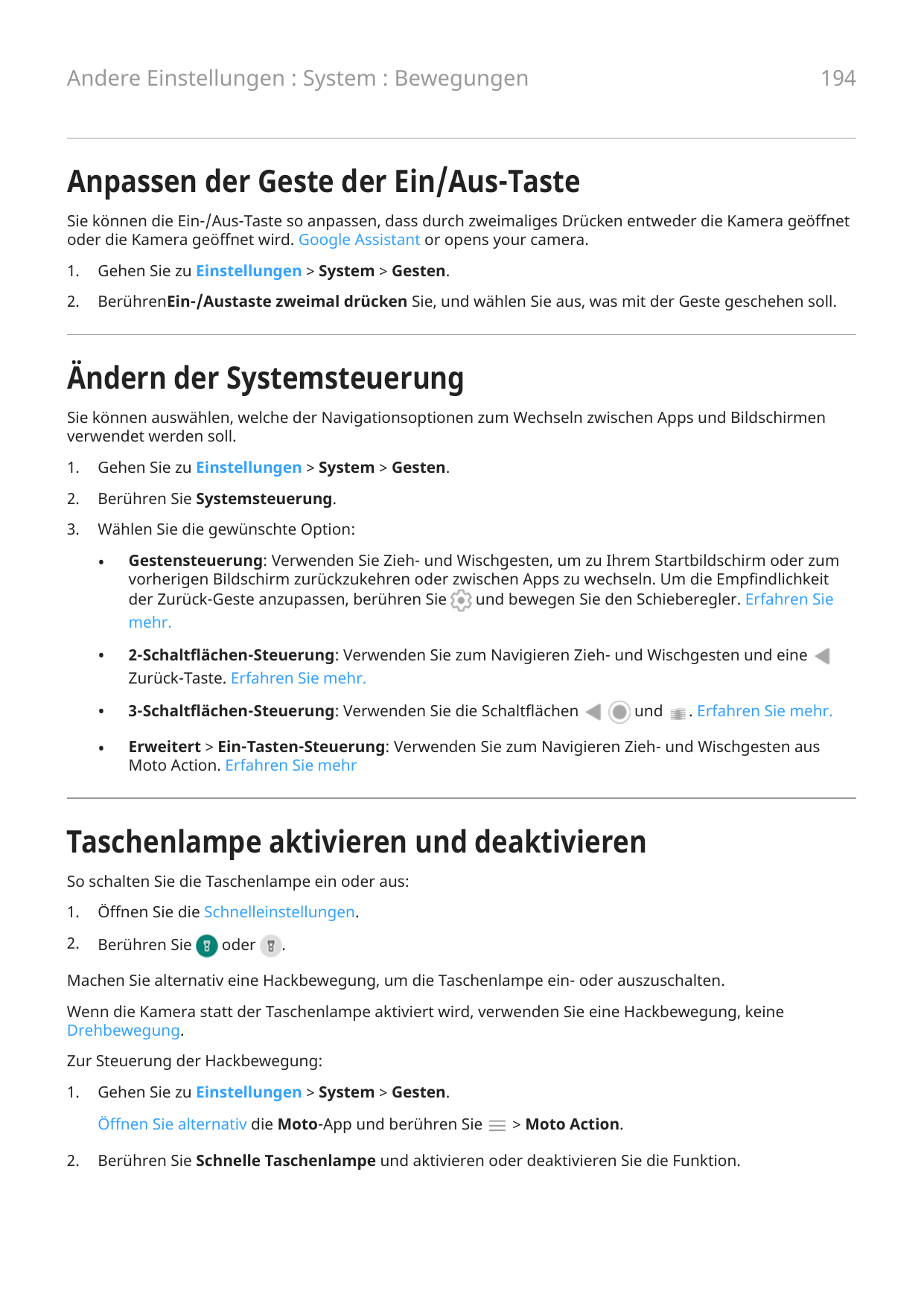 194Andere Einstellungen : System : BewegungenAnpassen der Geste der Ein/Aus-TasteSie können die Ein-/Aus-Taste so anpassen, dass