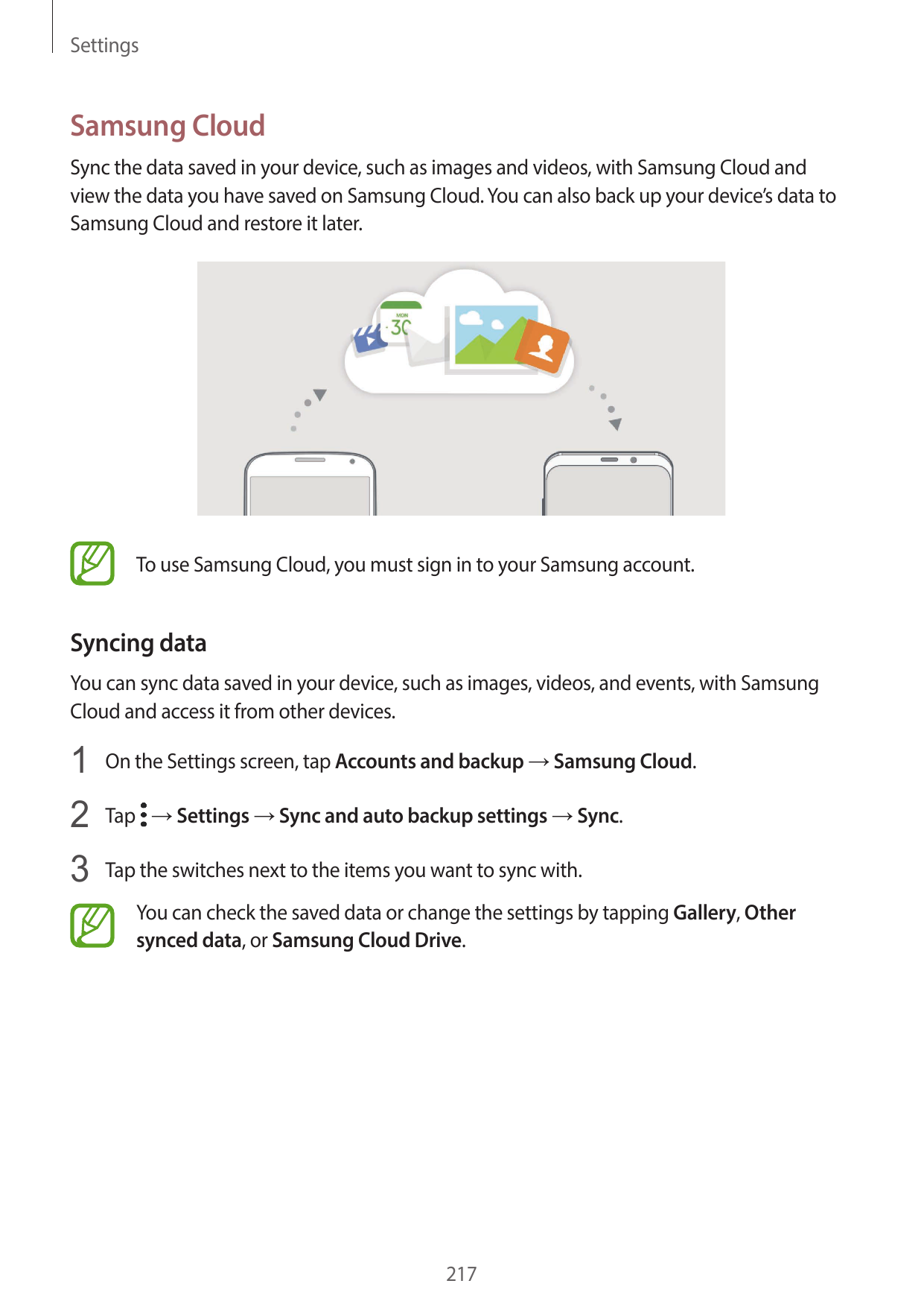 SettingsSamsung CloudSync the data saved in your device, such as images and videos, with Samsung Cloud andview the data you have