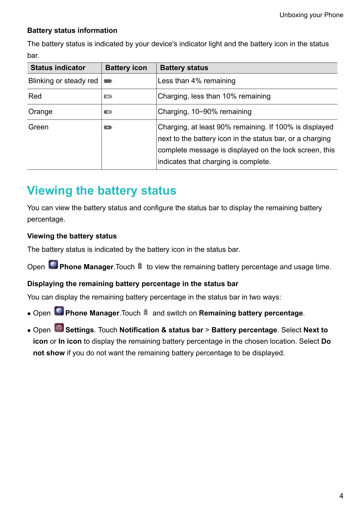 Unboxing your PhoneBattery status informationThe battery status is indicated by your device's indicator light and the battery ic