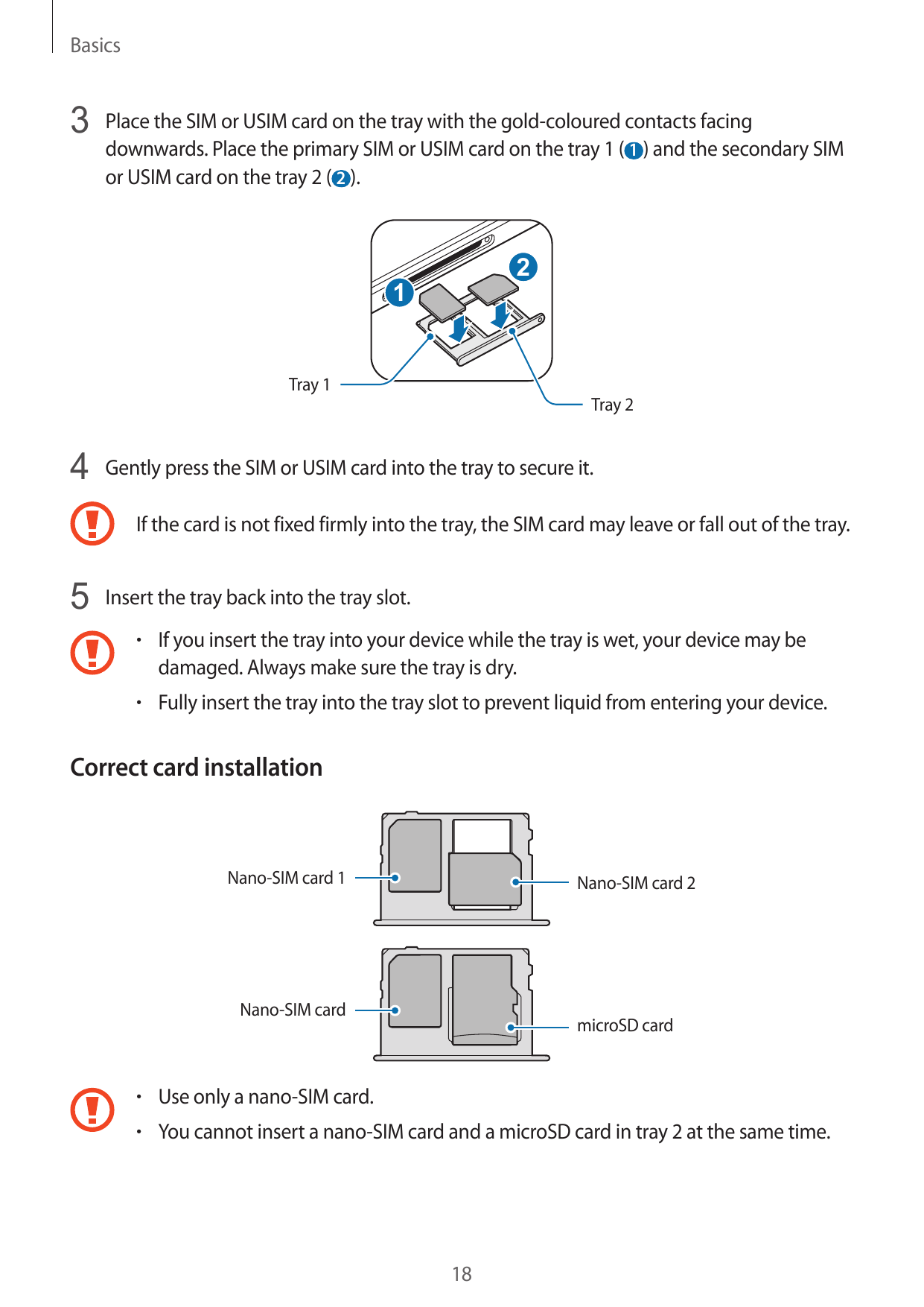 Basics3 Place the SIM or USIM card on the tray with the gold-coloured contacts facingdownwards. Place the primary SIM or USIM ca