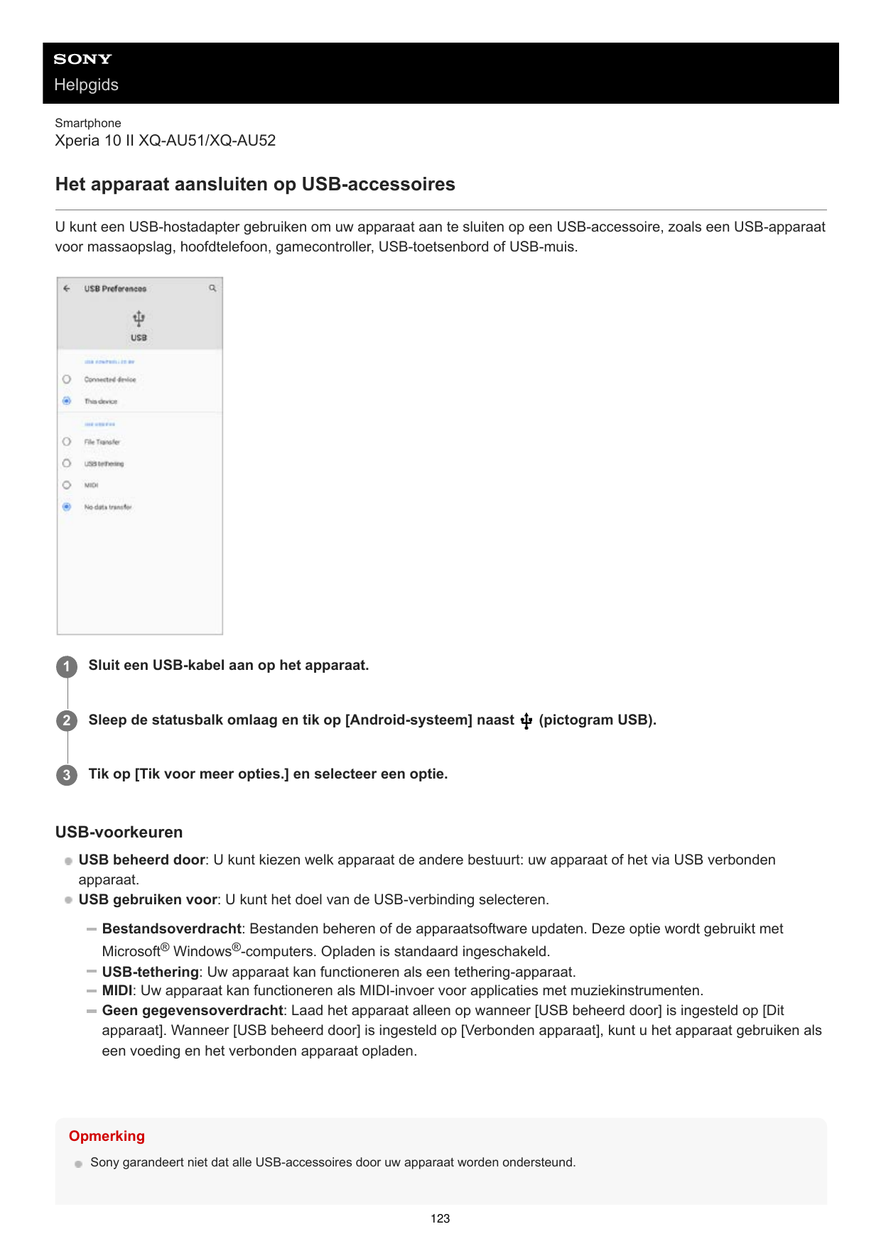 HelpgidsSmartphoneXperia 10 II XQ-AU51/XQ-AU52Het apparaat aansluiten op USB-accessoiresU kunt een USB-hostadapter gebruiken om 