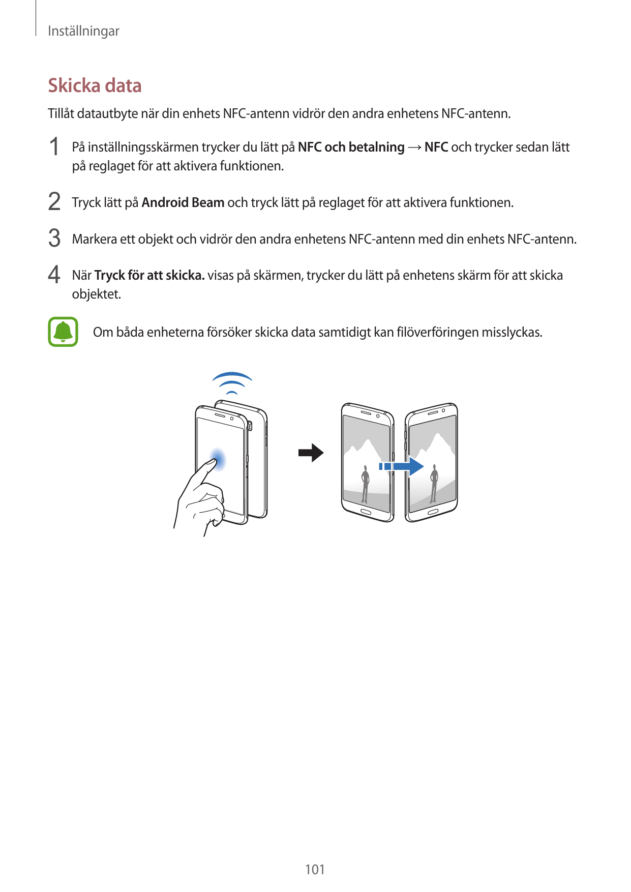 InställningarSkicka dataTillåt datautbyte när din enhets NFC-antenn vidrör den andra enhetens NFC-antenn.1 På inställningsskärme