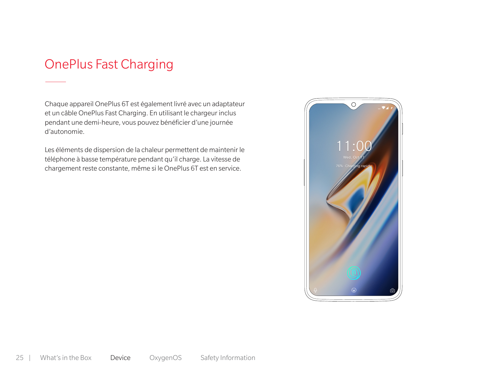 OnePlus Fast ChargingChaque appareil OnePlus 6T est également livré avec un adaptateuret un câble OnePlus Fast Charging. En util