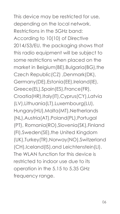 This device may be restricted for use,depending on the local network.Restrictions in the 5GHz band:According to 10(10) of Direct