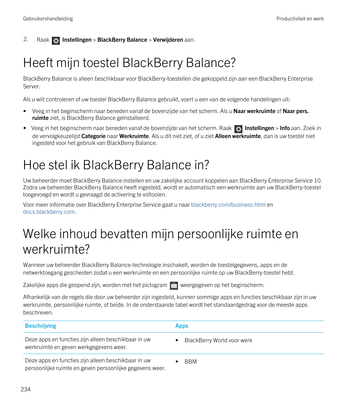 Gebruikershandleiding2.RaakProductiviteit en werkInstellingen > BlackBerry Balance > Verwijderen aan.Heeft mijn toestel BlackBer