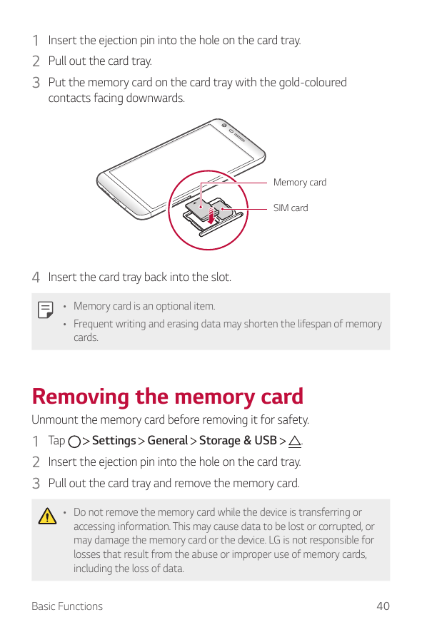 1 Insert the ejection pin into the hole on the card tray.2 Pull out the card tray.3 Put the memory card on the card tray with th