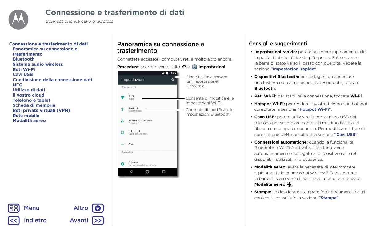 Connessione e trasferimento di datiConnessione via cavo o wirelessConnessione e trasferimento di datiPanoramica su connessione e