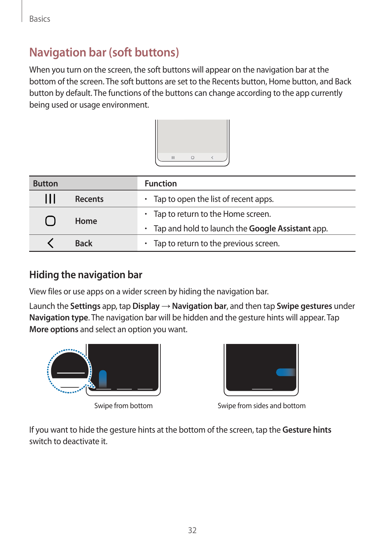 BasicsNavigation bar (soft buttons)When you turn on the screen, the soft buttons will appear on the navigation bar at thebottom 