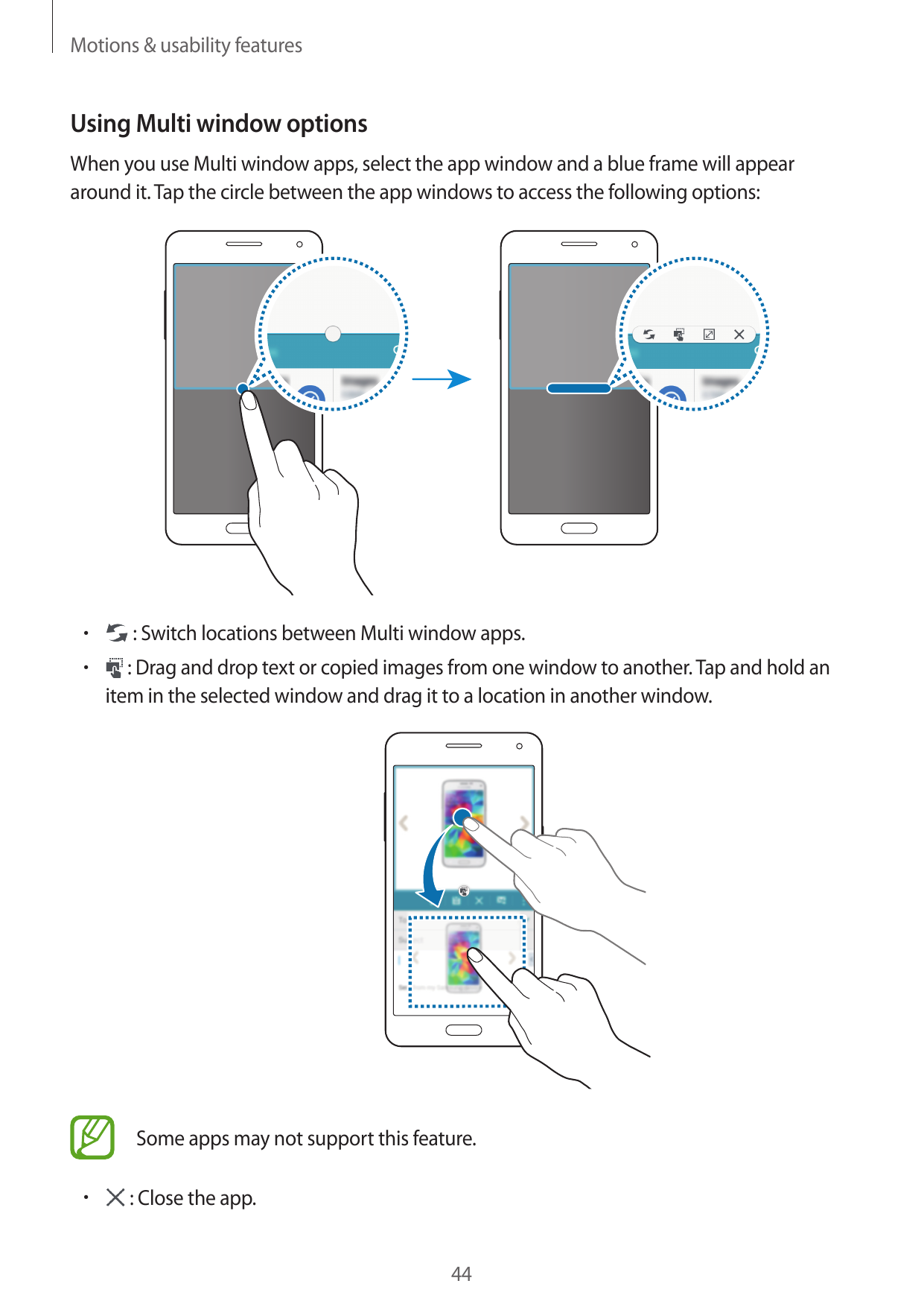 Motions & usability featuresUsing Multi window optionsWhen you use Multi window apps, select the app window and a blue frame wil