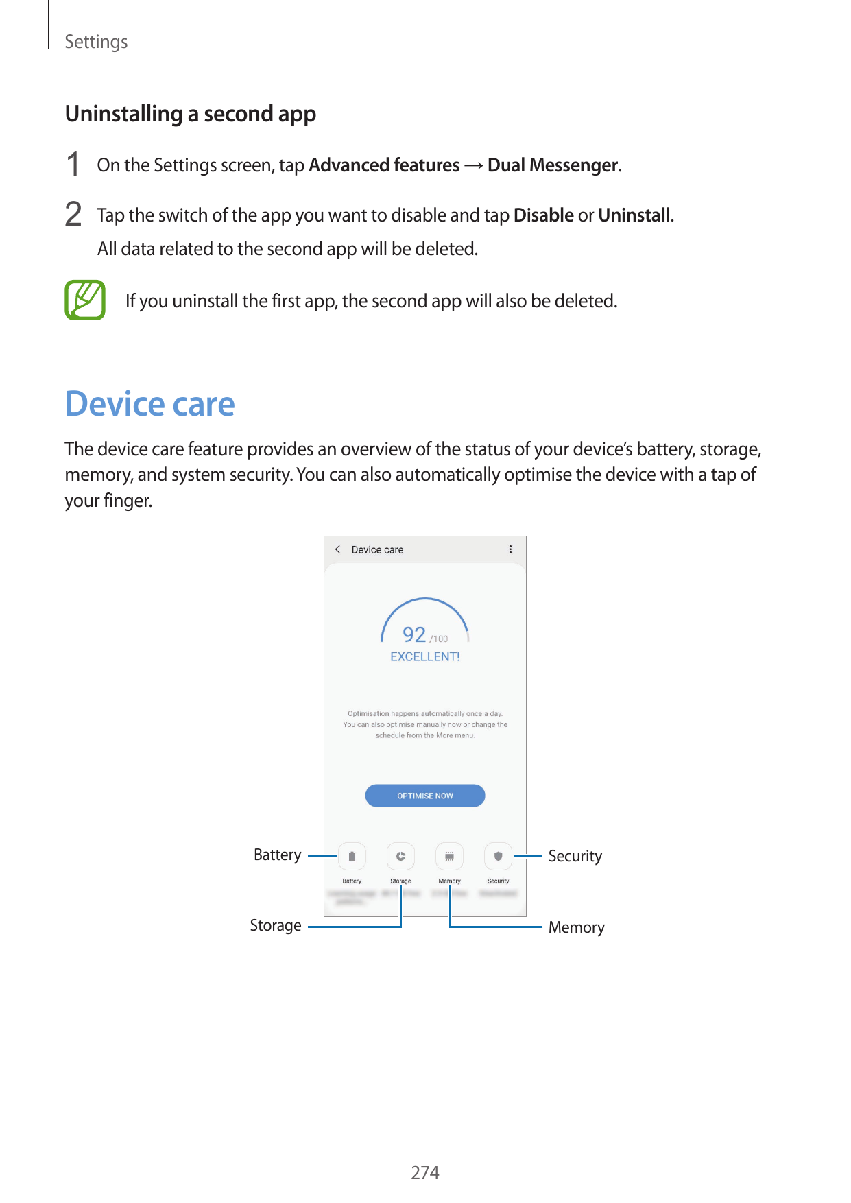 SettingsUninstalling a second app1 On the Settings screen, tap Advanced features → Dual Messenger.2 Tap the switch of the app yo