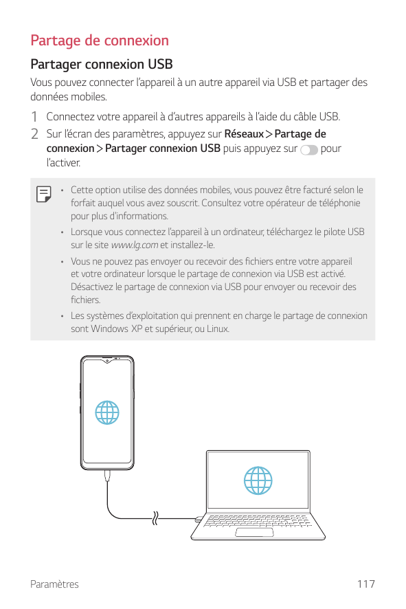 Partage de connexionPartager connexion USBVous pouvez connecter l’appareil à un autre appareil via USB et partager desdonnées mo