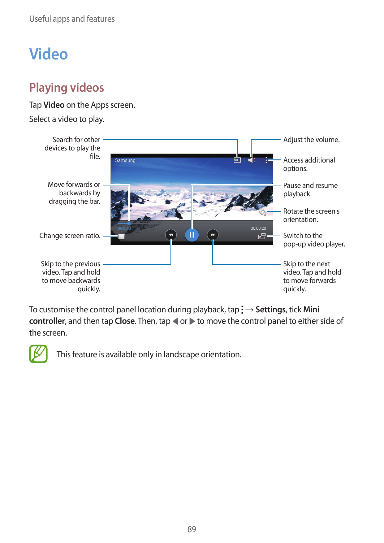 Useful apps and featuresVideoPlaying videosTap Video on the Apps screen.Select a video to play.Adjust the volume.Search for othe