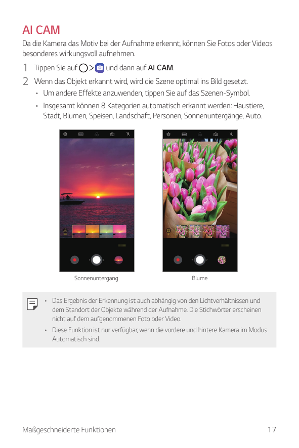 AI CAMDa die Kamera das Motiv bei der Aufnahme erkennt, können Sie Fotos oder Videosbesonderes wirkungsvoll aufnehmen.und dann a