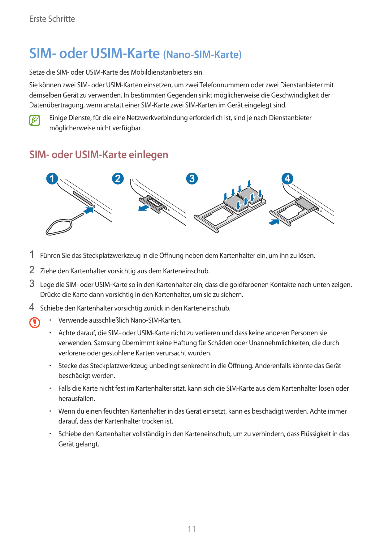 Erste SchritteSIM- oder USIM-Karte (Nano-SIM-Karte)Setze die SIM- oder USIM-Karte des Mobildienstanbieters ein.Sie können zwei S