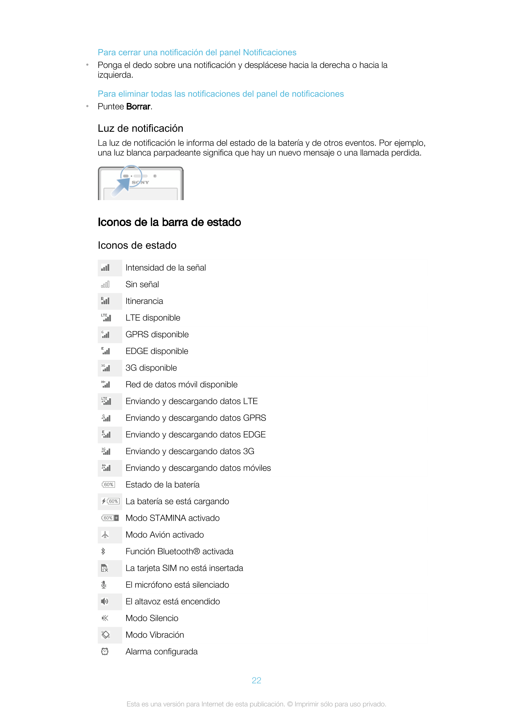 Para cerrar una notificación del panel Notificaciones
• Ponga el dedo sobre una notificación y desplácese hacia la derecha o hac