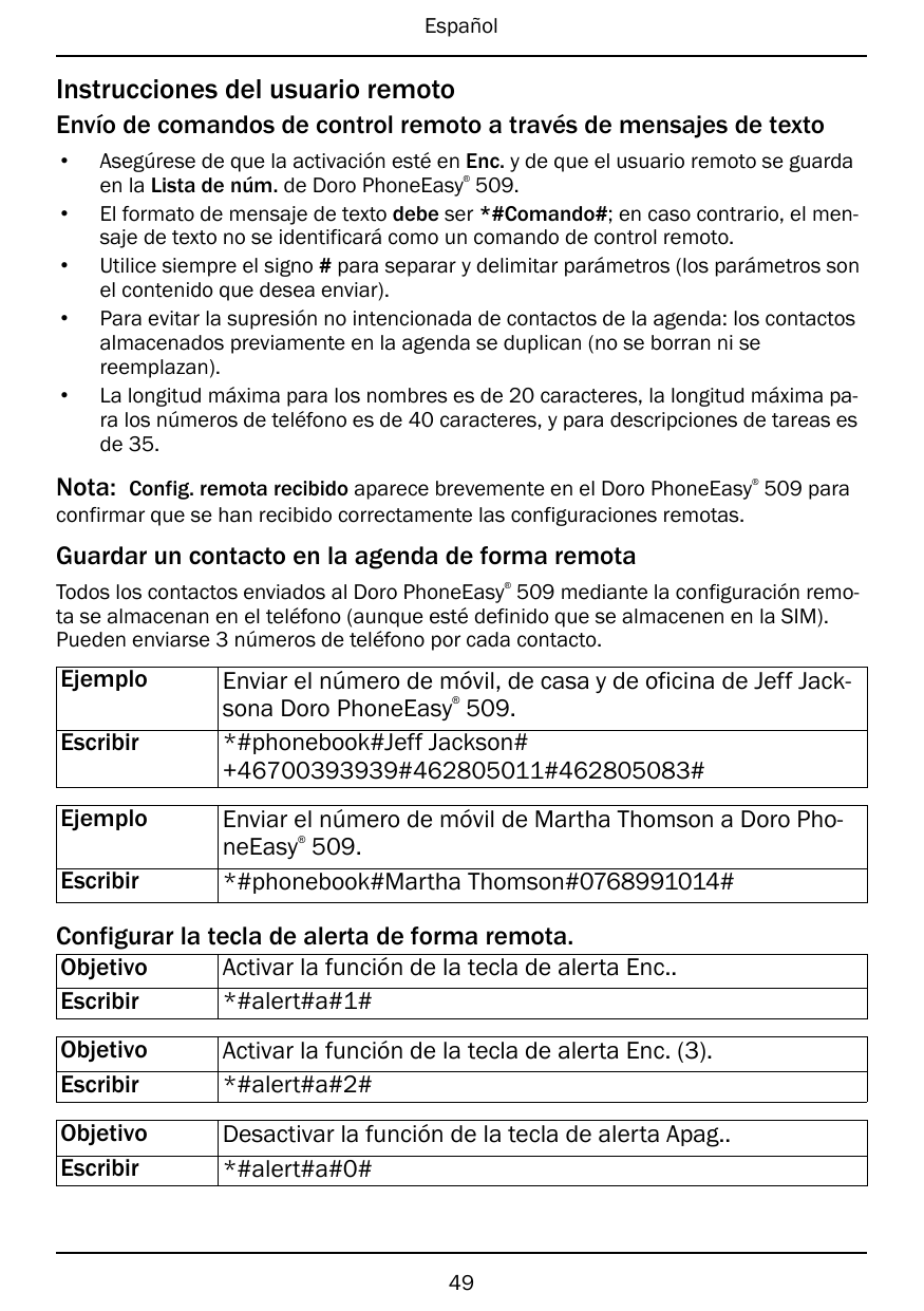 EspañolInstrucciones del usuario remotoEnvío de comandos de control remoto a través de mensajes de texto•Asegúrese de que la act