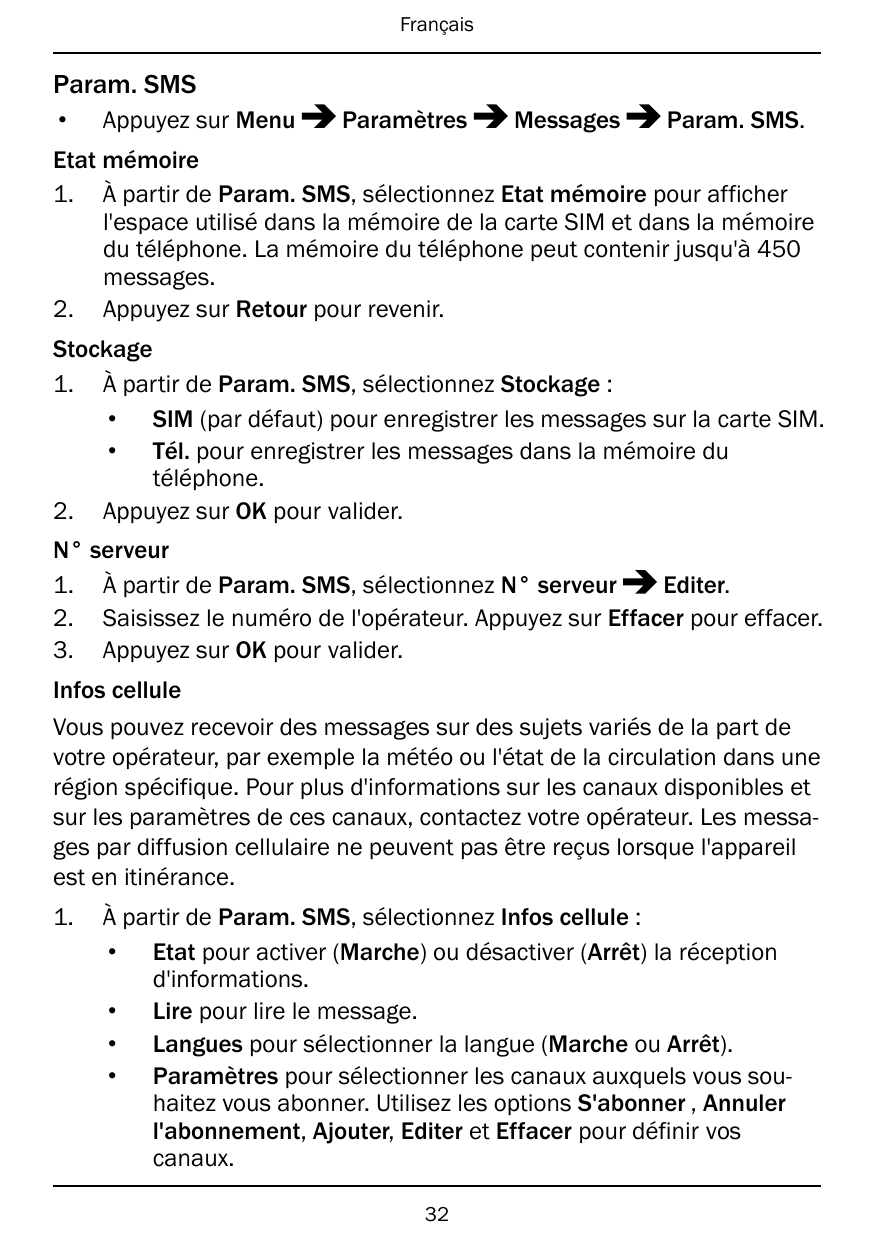 FrançaisParam. SMS•Appuyez sur MenuParamètresMessagesParam. SMS.Etat mémoire1. À partir de Param. SMS, sélectionnez Etat mémoire