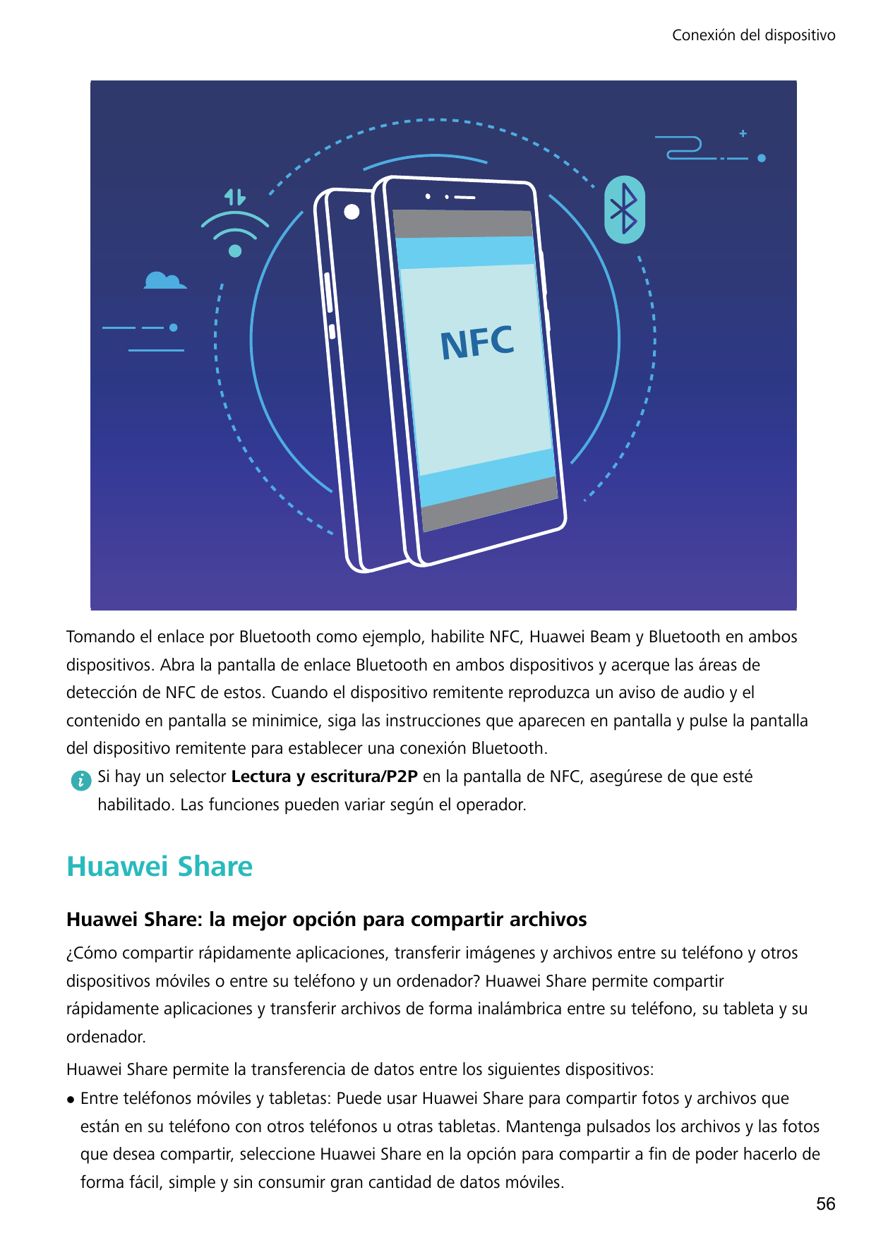 Conexión del dispositivoNFCTomando el enlace por Bluetooth como ejemplo, habilite NFC, Huawei Beam y Bluetooth en ambosdispositi