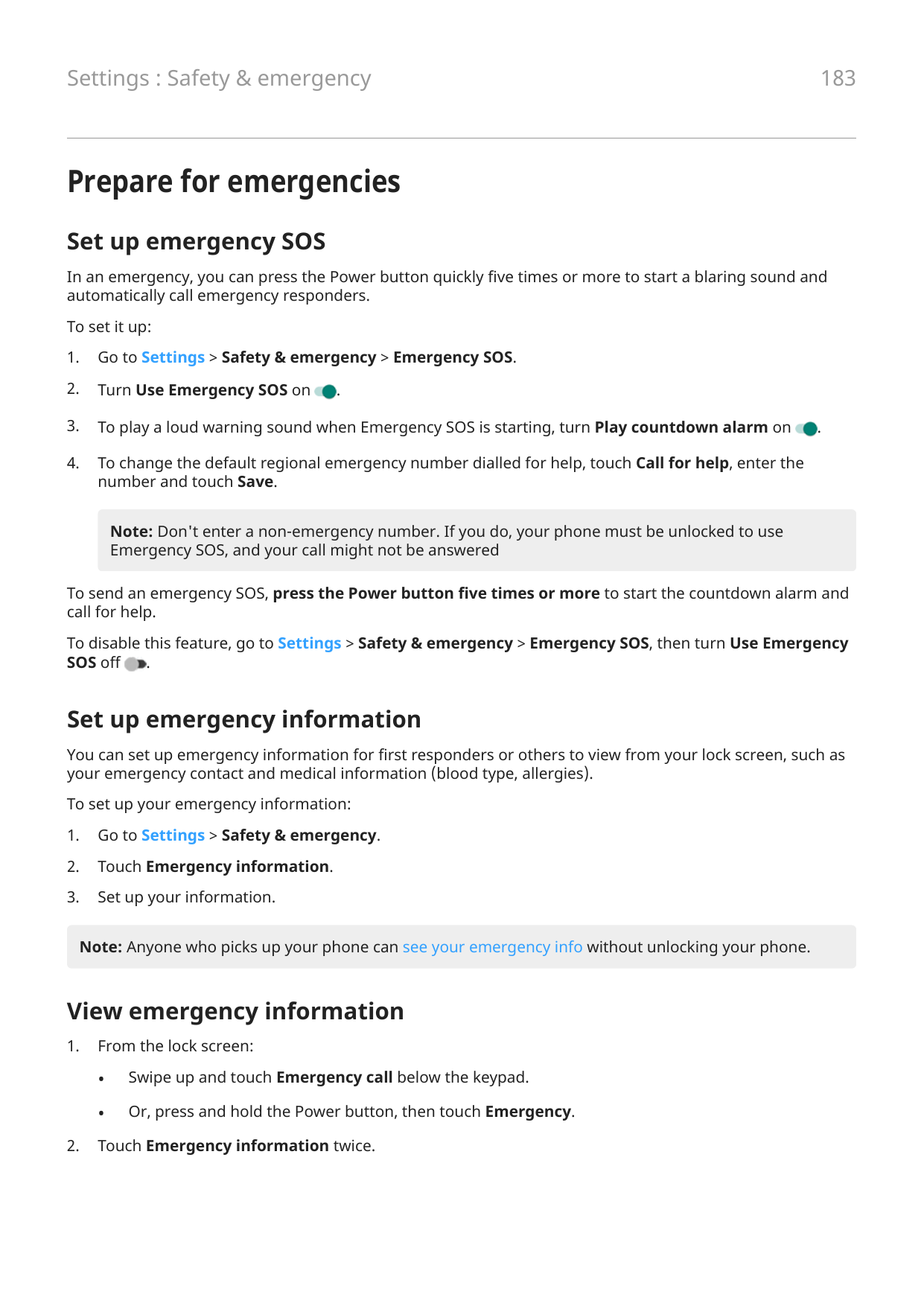 Settings : Safety & emergency183Prepare for emergenciesSet up emergency SOSIn an emergency, you can press the Power button quick