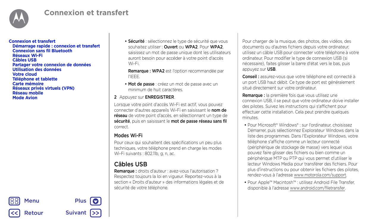 Connexion et transfertConnexion et transfertDémarrage rapide : connexion et transfertConnexion sans fil BluetoothRéseaux Wi-FiCâ