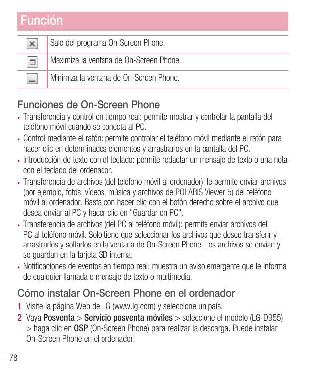 FunciónSale del programa On-Screen Phone.Maximiza la ventana de On-Screen Phone.Minimiza la ventana de On-Screen Phone.Funciones