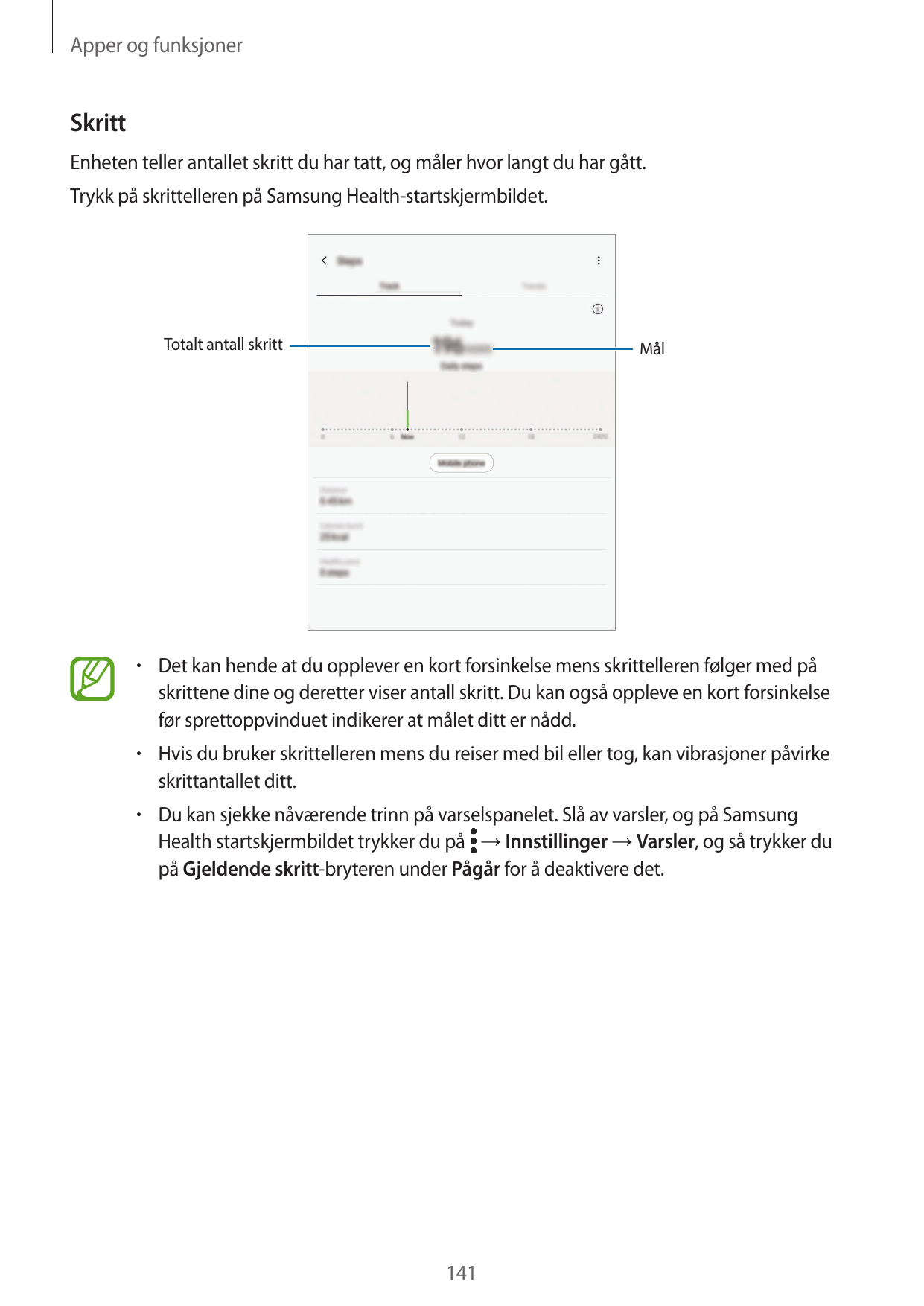 Apper og funksjonerSkrittEnheten teller antallet skritt du har tatt, og måler hvor langt du har gått.Trykk på skrittelleren på S