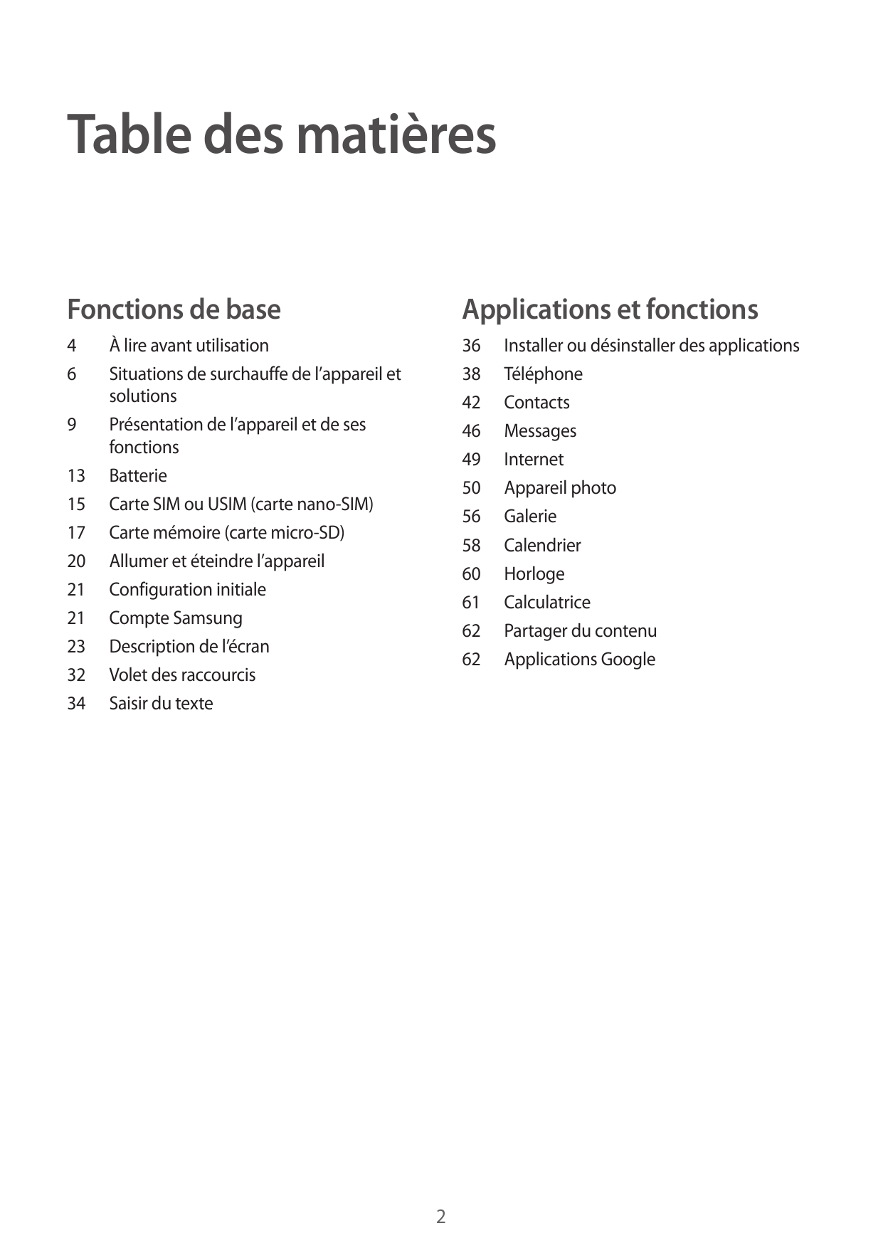 Table des matièresFonctions de baseApplications et fonctions4636 Installer ou désinstaller des applications38Téléphone42Contacts