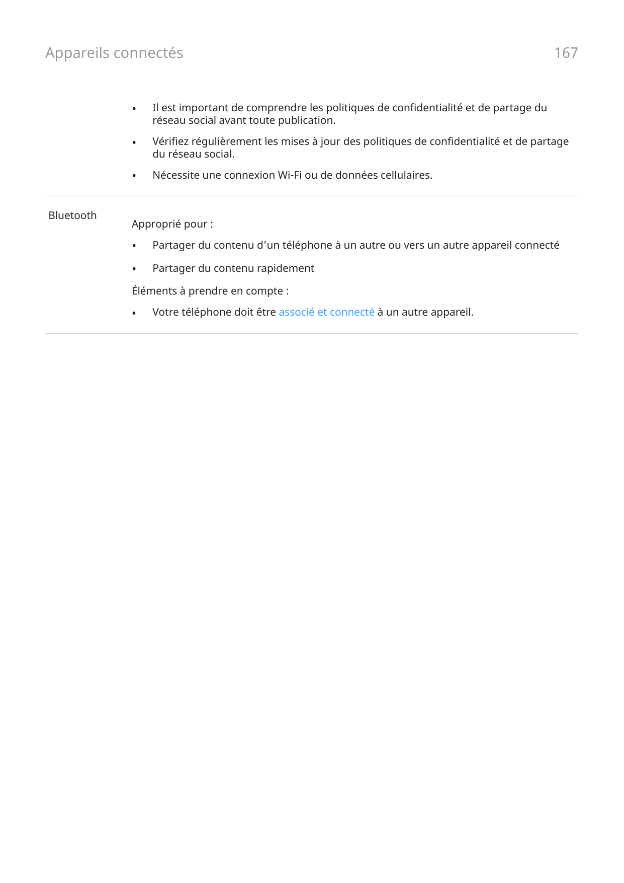 Appareils connectésBluetooth167•Il est important de comprendre les politiques de confidentialité et de partage duréseau social a