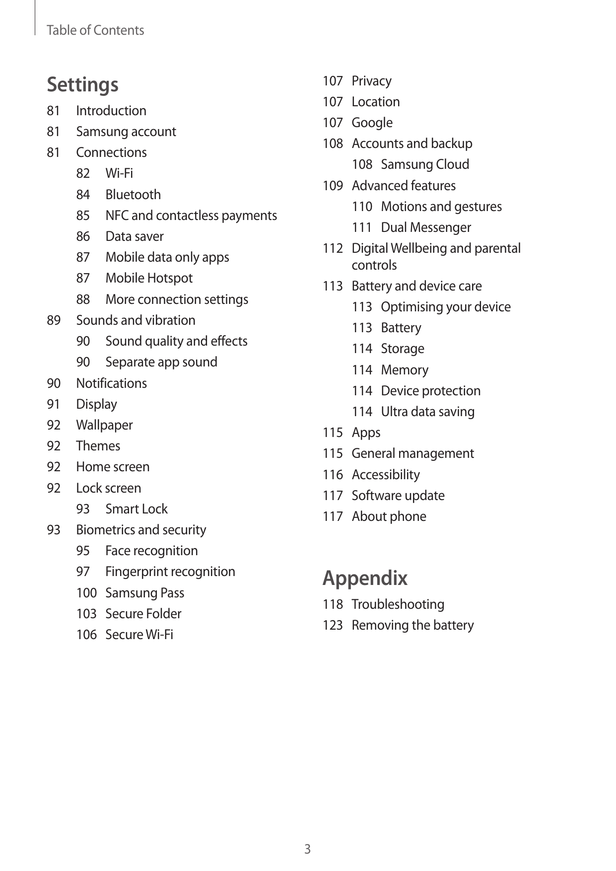 Table of ContentsSettings107Privacy107Location107Google108 Accounts and backup108 Samsung Cloud109 Advanced features110 Motions 