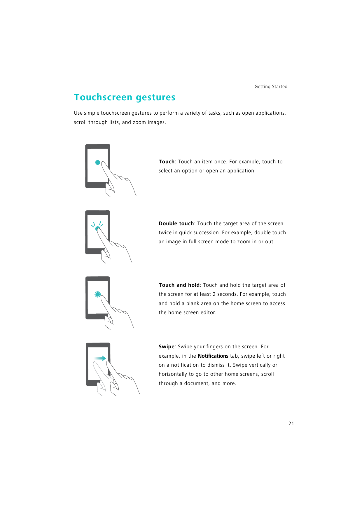 Getting StartedTouchscreen gesturesUse simple touchscreen gestures to perform a variety of tasks, such as open applications,scro
