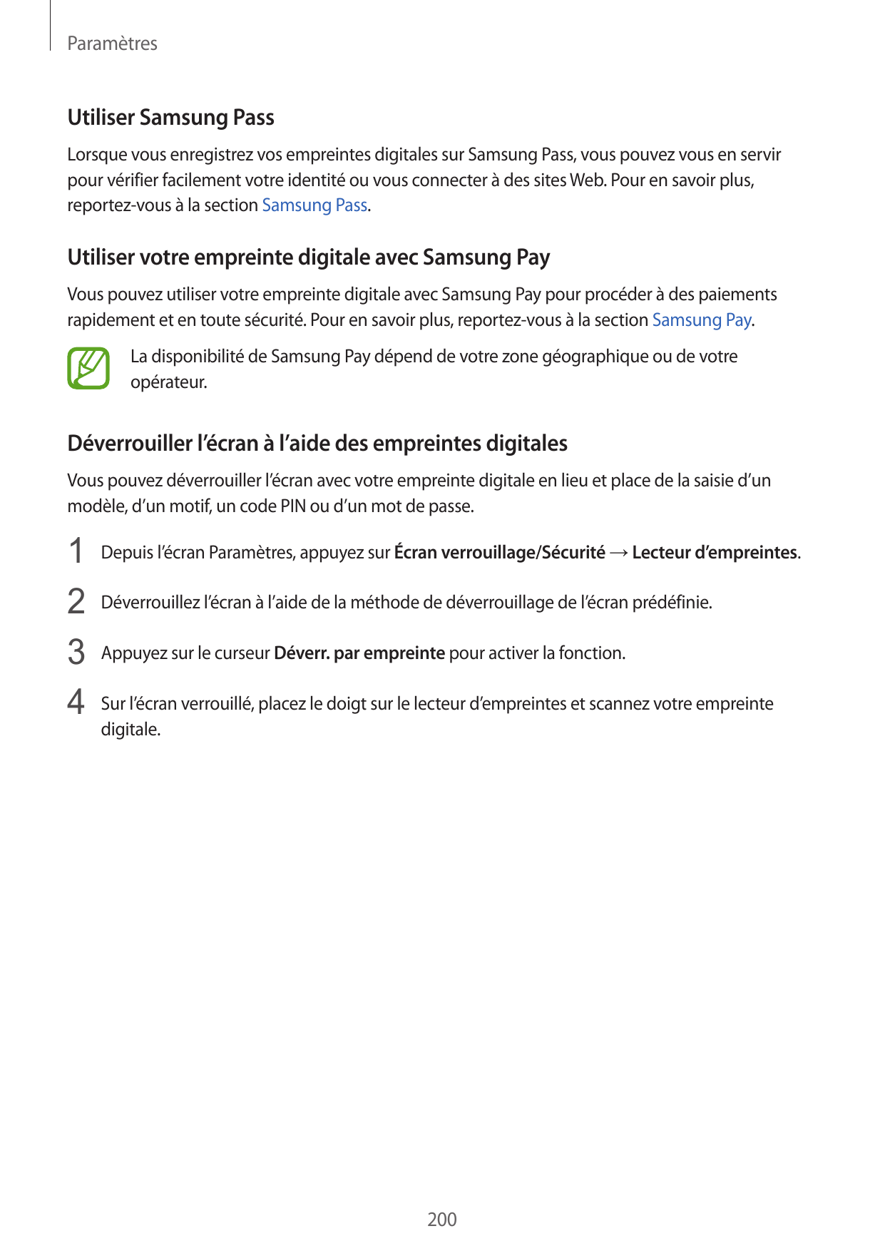 ParamètresUtiliser Samsung PassLorsque vous enregistrez vos empreintes digitales sur Samsung Pass, vous pouvez vous en servirpou