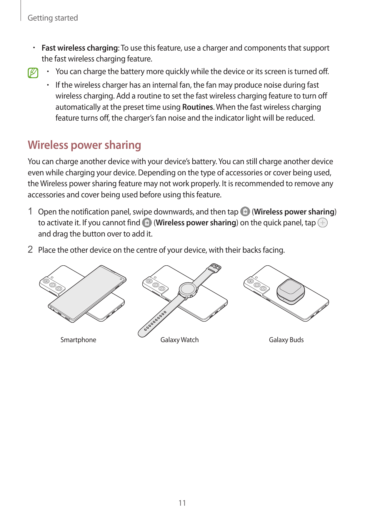 Getting started• Fast wireless charging: To use this feature, use a charger and components that supportthe fast wireless chargin