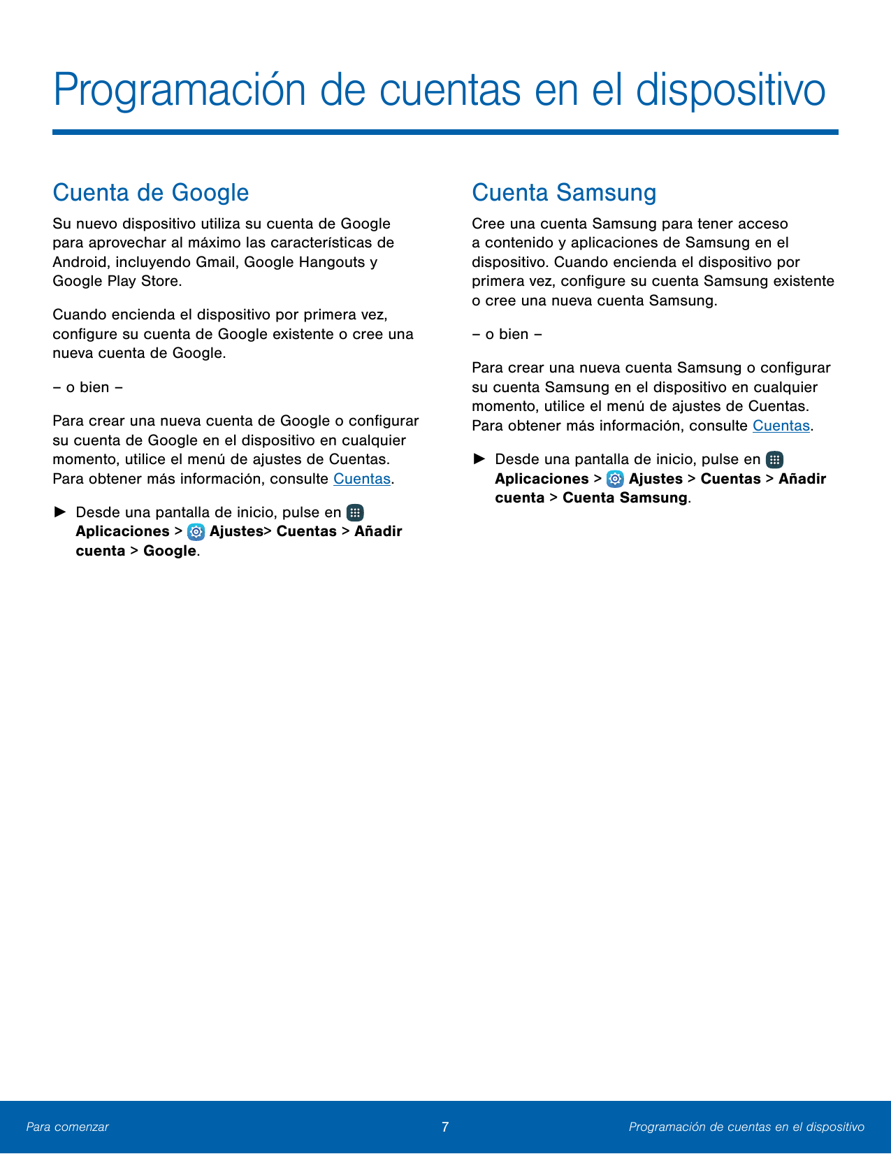 Programación de cuentas en el dispositivoCuenta de GoogleCuenta SamsungSu nuevo dispositivo utiliza su cuenta de Googlepara apro